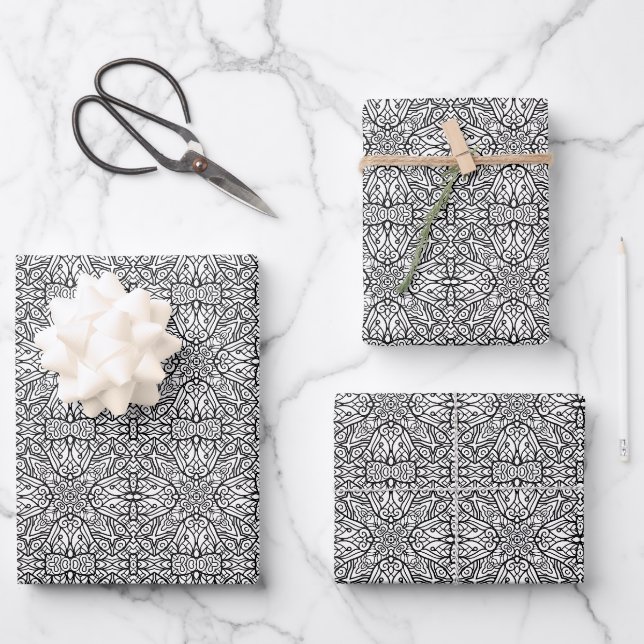 Black and White Mandala Frame Pattern  Wrapping Paper Sheets (Front)