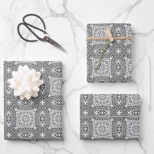 Black and White Mandala Frame Pattern  Wrapping Paper Sheets (Front)