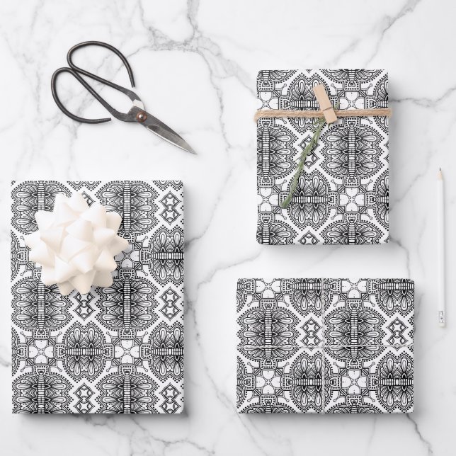 Black and White Mandala Frame Pattern  Wrapping Paper Sheets (Front)