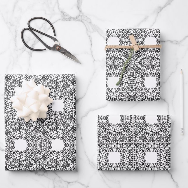 Black and White Mandala Frame Pattern  Wrapping Paper Sheets (Front)