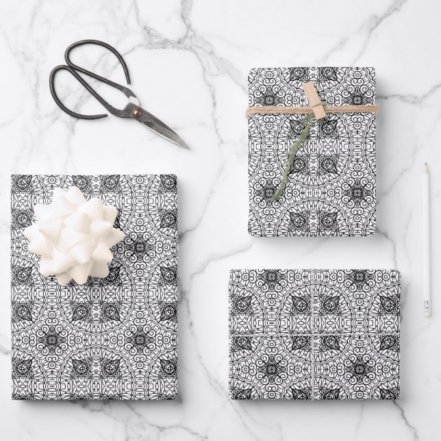 Black and White Mandala Frame Pattern  Wrapping Paper Sheets (Front)
