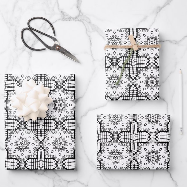 Black and White Mandala Frame Pattern  Wrapping Paper Sheets (Front)