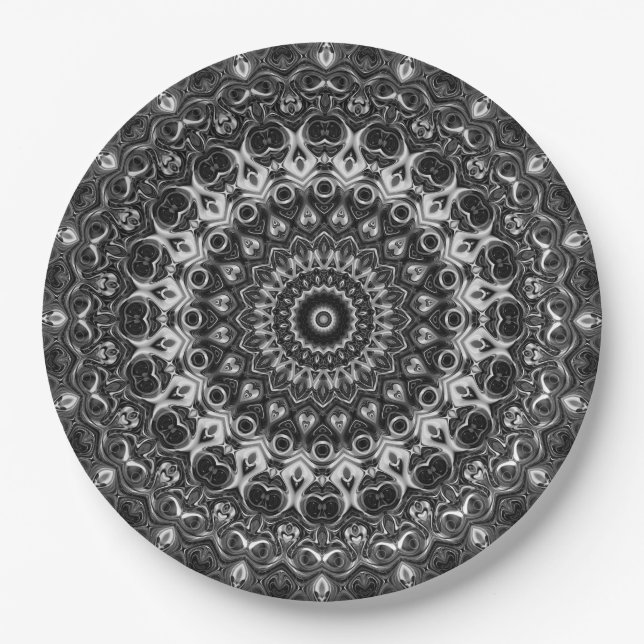 Black and White Mandala Geometric Design Paper Plates (Front)
