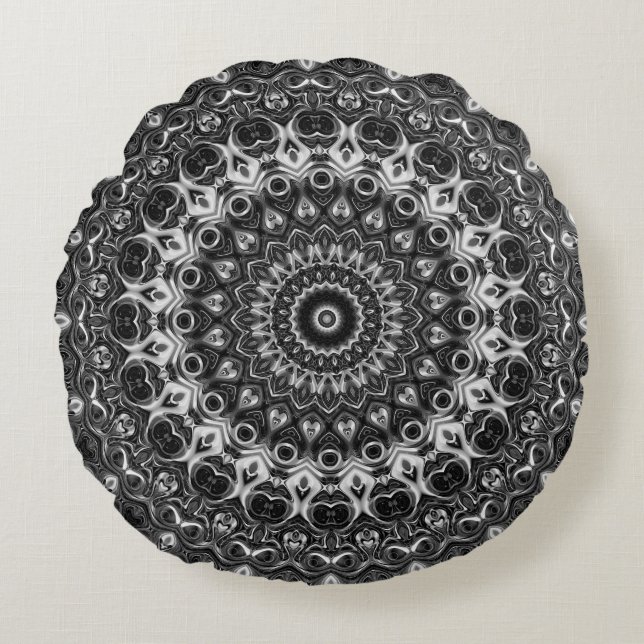 Black and White Mandala Geometric Design Round Pillow (Front)