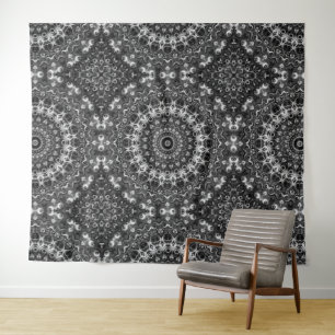 Black and White Mandala Geometric Design Tapestry