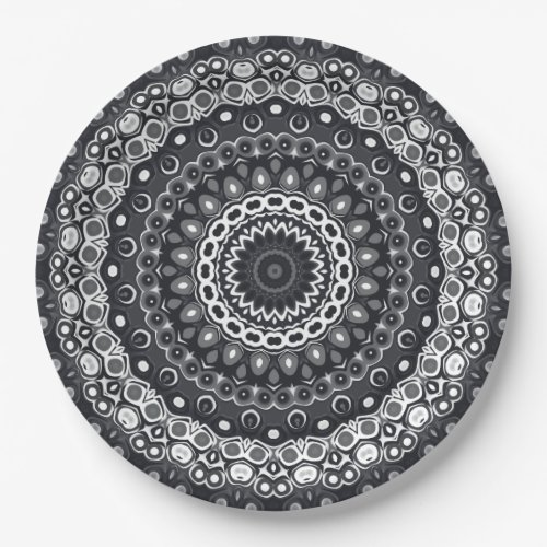 Black and White Mandala Kaleidoscope Medallion Paper Plates
