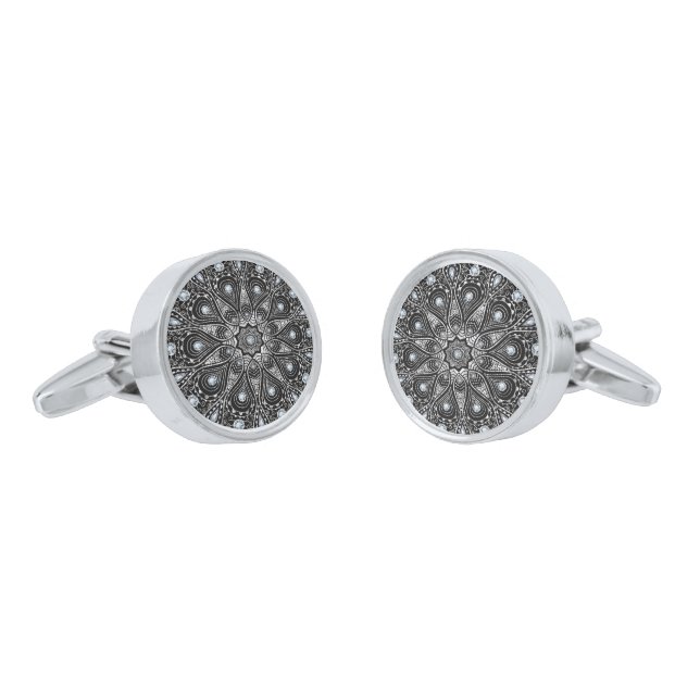 Black And White Mandala Lace Diamonds Accents Cufflinks (Angled)