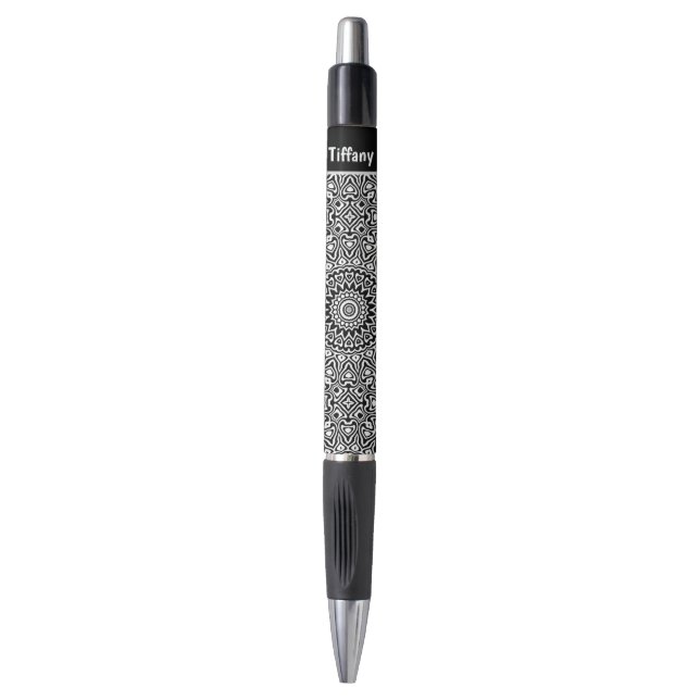 Black and White Mandala Pattern Pen with Name (Front Vertical)
