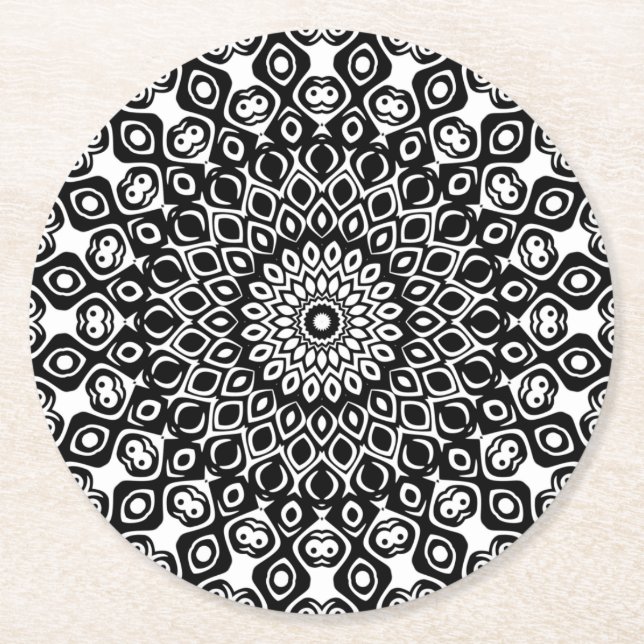 Black and White Mandala Pattern Round Paper Coaster (Front)