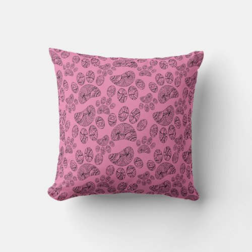 Black and White Mandala Paw Print Pattern Pink Throw Pillow