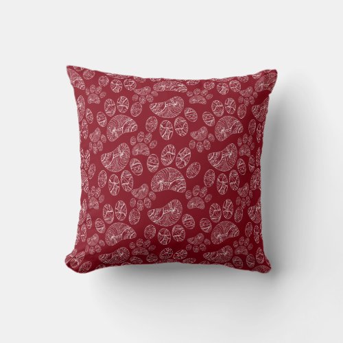 Black and White Mandala Paw Print Pattern Red Throw Pillow