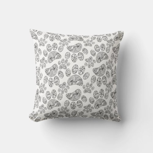 Black and White Mandala Paw Print Pattern Throw Pillow