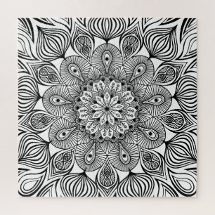 Black and White Mandala Trippy Psychedelic Hippie Jigsaw Puzzle