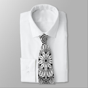 Black and White Mandala Trippy Psychedelic Hippie Neck Tie