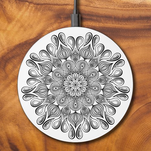  Black and White Mandala Trippy Psychedelic Hippie Wireless Charger