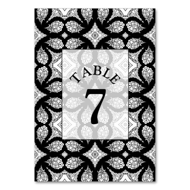 Black and White Mandala Wedding Table Number Card (Front)