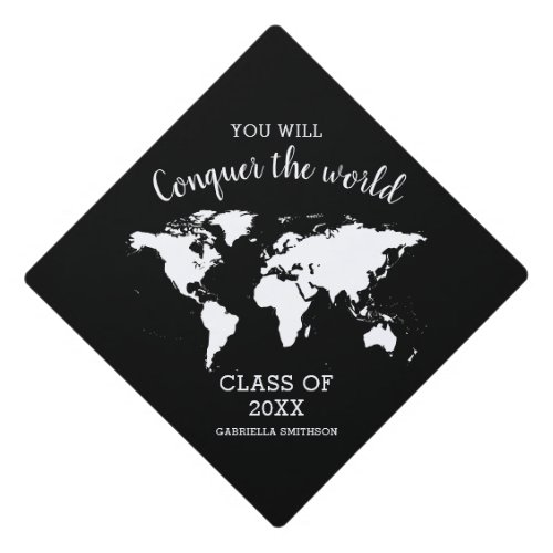 Black and White Map Conquer the World Graduation Cap Topper