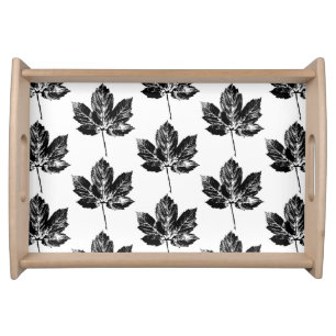 Black and White Maple Leaf Print Pattern Serving Tray