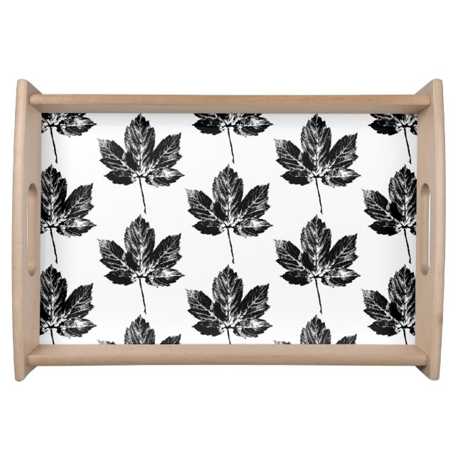 Black and White Maple Leaf Print Pattern Serving Tray (Front)