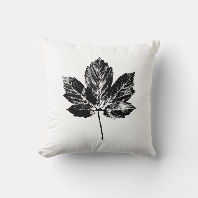 Black and White Maple Leaf Print Throw Pillow (Front)