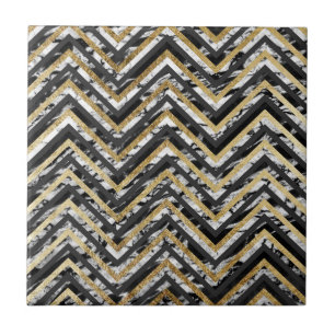 Black and White Marble and Gold Chevron Zigzag Tile
