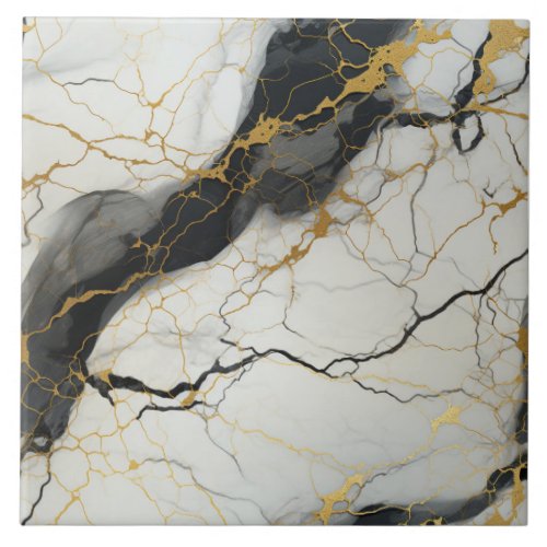 Black and White Marble Background with Gold Ceramic Tile