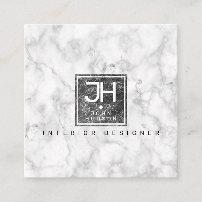 Black and White Marble Design Modern Monogram Busi Square Business Card (Front)