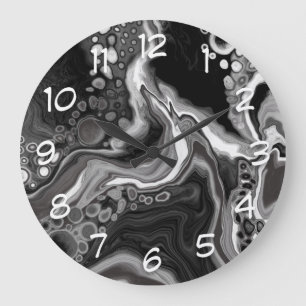 Black and White Marble Digital Fluid Art Large Clock