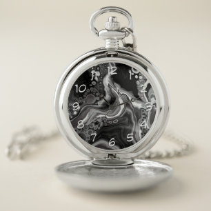 Black and White Marble Digital Fluid Art Pocket Watch