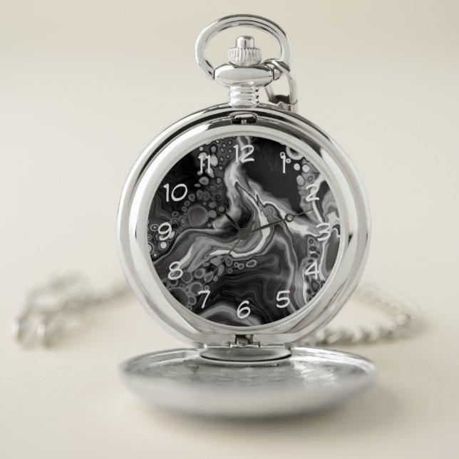 Black and White Marble Digital Fluid Art   Pocket Watch (Inside)