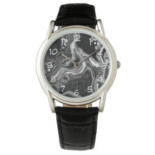 Black and White Marble Digital Fluid Art Watch