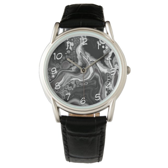Black and White Marble Digital Fluid Art     Watch (Front)