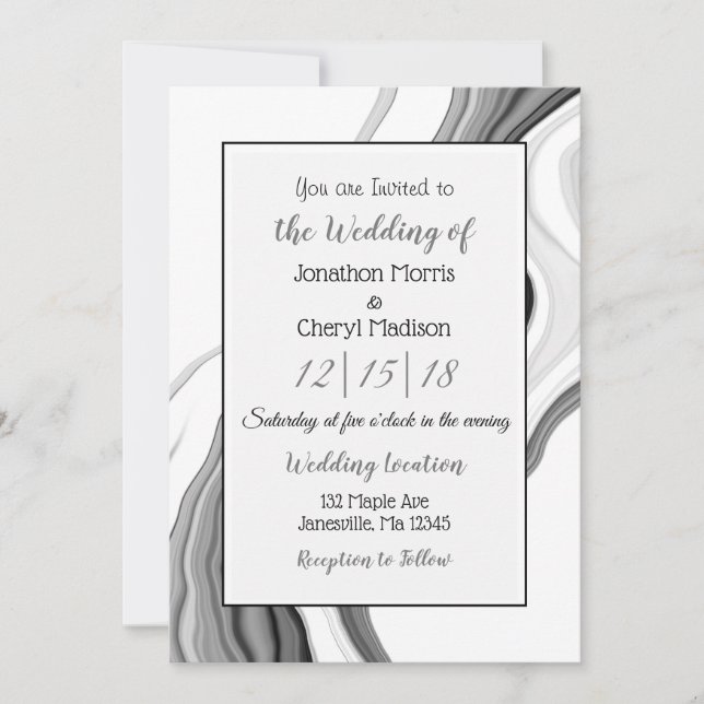 Black and White Marble Fluid Art Wedding  Invitation (Front)