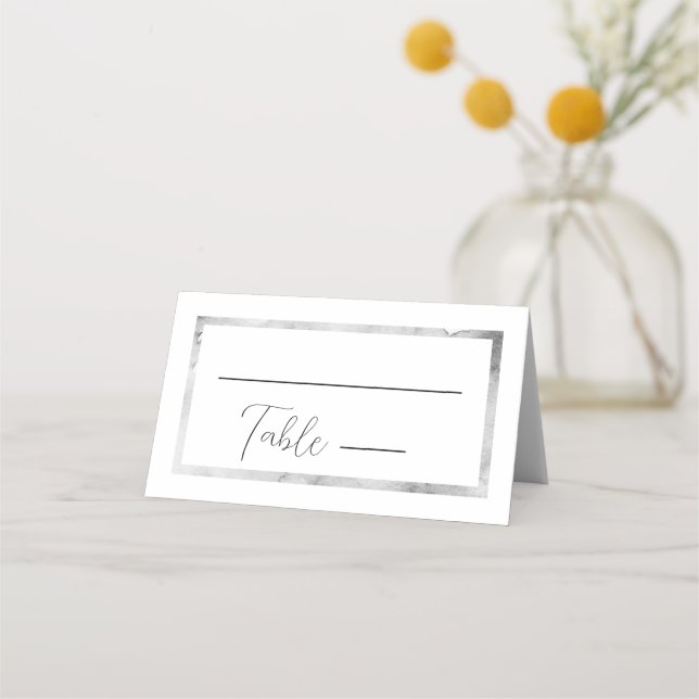 Black and White Marble Frame Formal Script Wedding Place Card (Front)