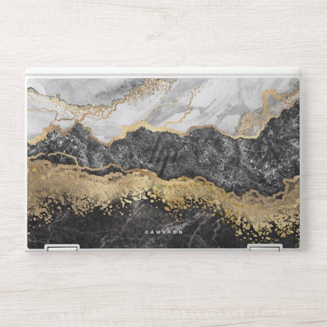 Black and White Marble Gold Foil Personalized HP Laptop Skin (Front)