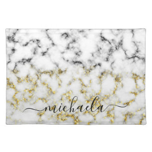 Black and white marble gold sparkle Custom name Cloth Placemat