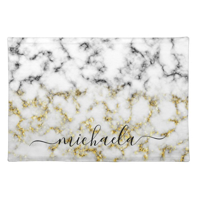 Black and white marble gold sparkle Custom name Cloth Placemat (Front)