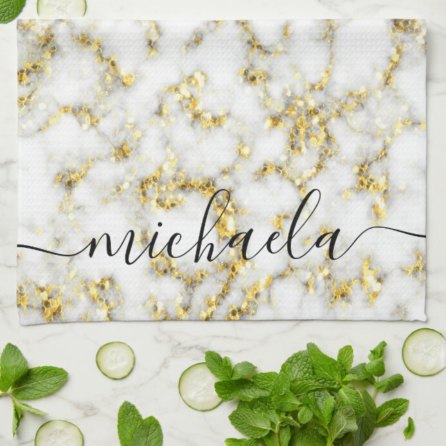 Black and white marble gold sparkle Custom name Kitchen Towel (Folded)