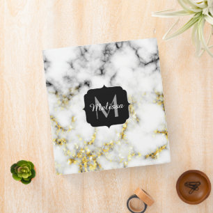 Black and white marble gold sparkle flake Monogram 3 Ring Binder