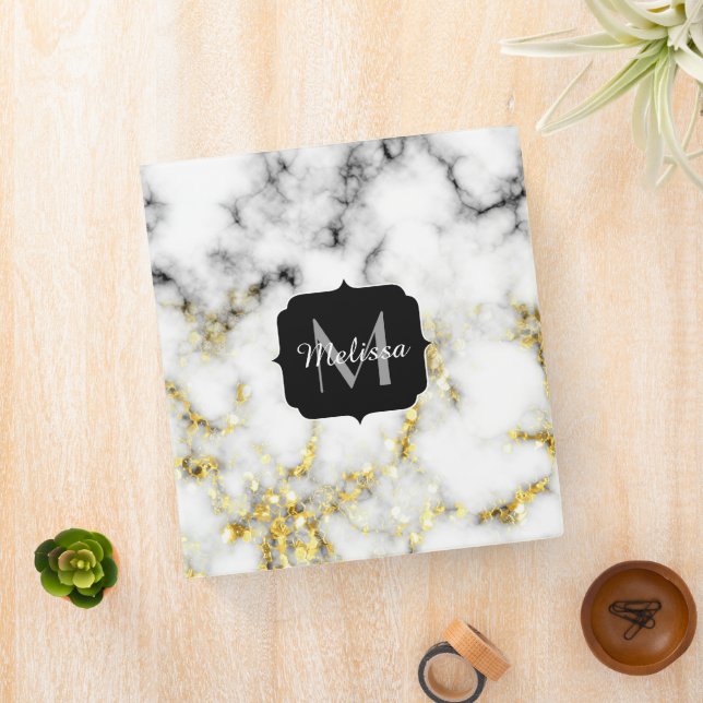 Black and white marble gold sparkle flake Monogram 3 Ring Binder (In Situ)