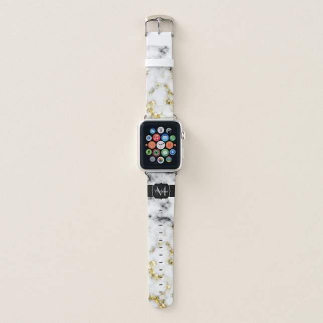 Black and white marble gold sparkle flake Monogram Apple Watch Band (Front)