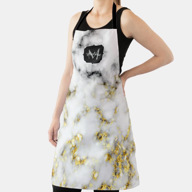 Black and white marble gold sparkle flake Monogram Apron (Insitu)