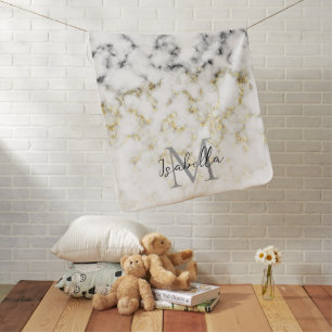 Black and white marble gold sparkle flake Monogram Baby Blanket