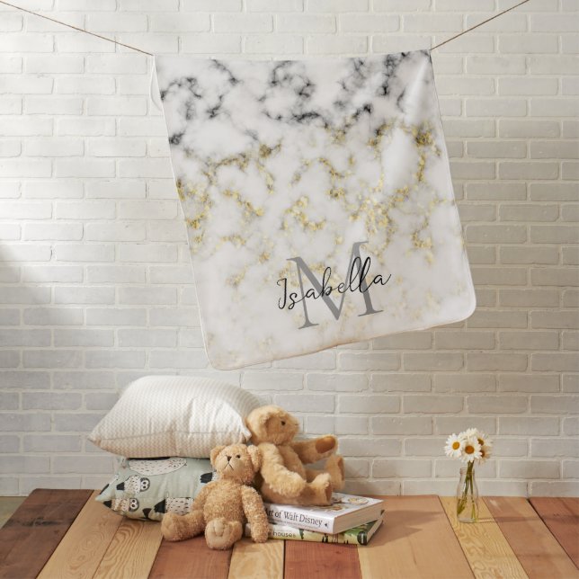 Black and white marble gold sparkle flake Monogram Baby Blanket (In Situ)