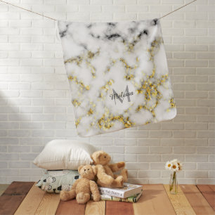 Black and white marble gold sparkle flake Monogram Baby Blanket