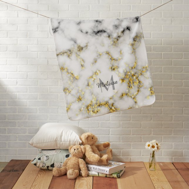 Black and white marble gold sparkle flake Monogram Baby Blanket (In Situ)