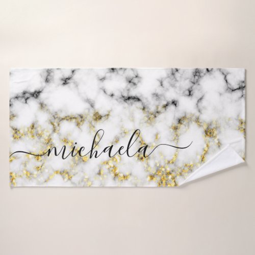 Black and white marble gold sparkle flake Monogram Bath Towel