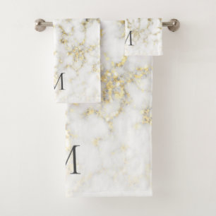 Black and white marble gold sparkle flake Monogram Bath Towel Set
