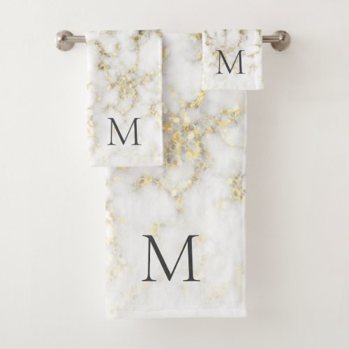 Black and white marble gold sparkle flake Monogram Bath Towel Set