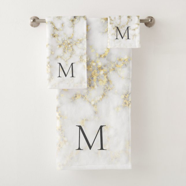 Black and white marble gold sparkle flake Monogram Bath Towel Set (Insitu)